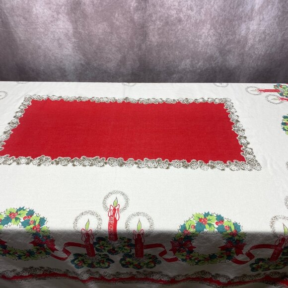 Vintage Christmas Tablecloth With Candles & Wreaths 56" x 48" Holiday Decor - Picture 3 of 13
